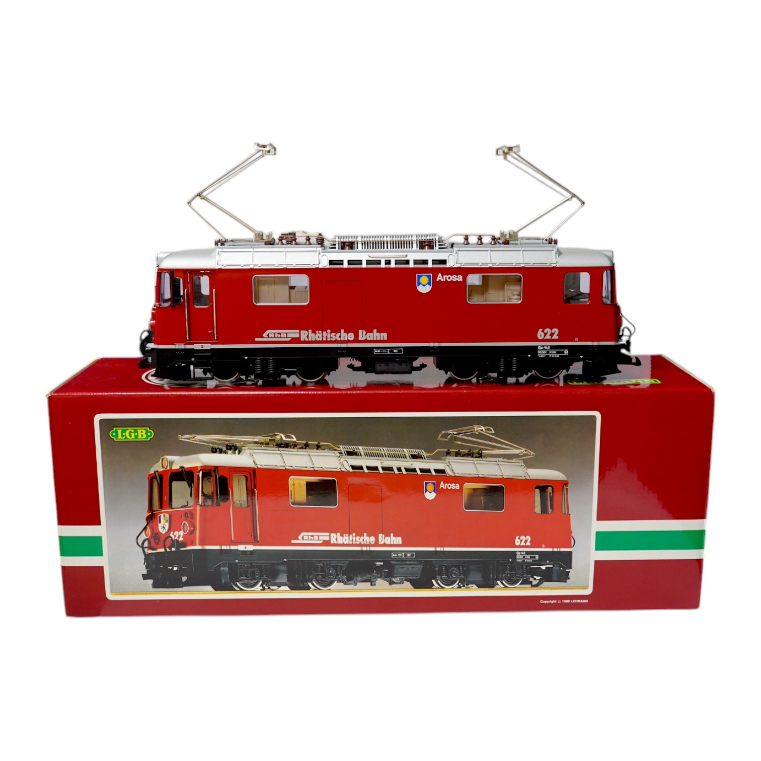 A boxed Lehman LGB (2043) G scale railway Rhatische Bahn Bo-Bo pantograph electric locomotive, 622, in red and silver livery. Condition - good, evidence of very minor running wear only.